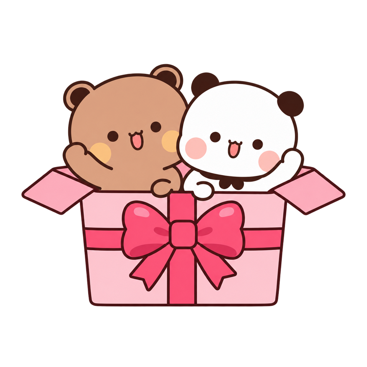 Bubu dan Dudu melambaikan tangan dari kotak hadiah pink